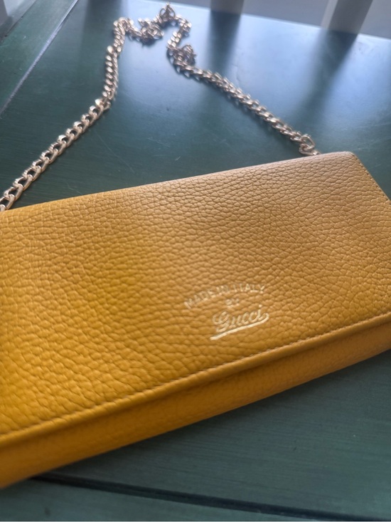Gucci Handbags - Gucci Yellow Pebbled Leather Chain Crossbody Wallet